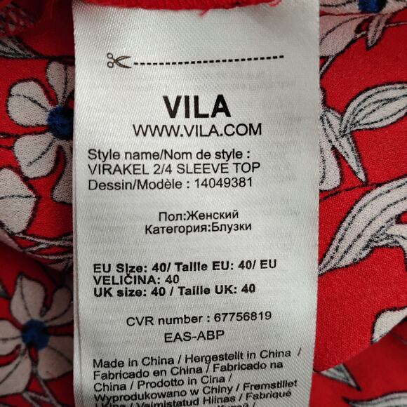 Vila Blouse Red with White Floral Print Size M/L Short Sleeve High Neck Ruffled - Picture 8 of 11